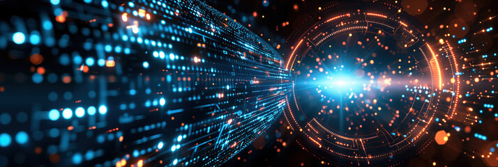 A swirling vortex of data, glowing with vibrant light, suggests the potential of AI-driven software development to revolutionize technology