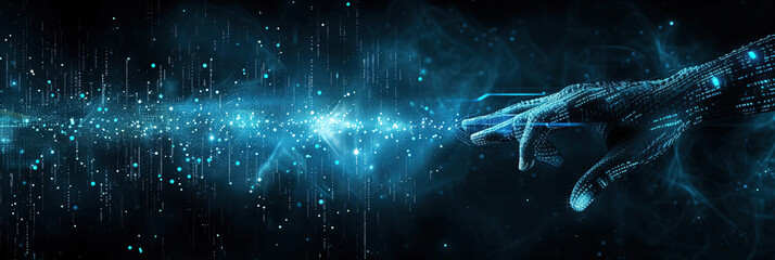 A glowing digital hand extends towards a bright expanse of code and data, representing the transformative power of AI in modern software engineering