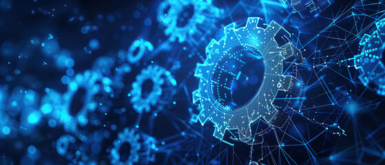 Abstract gears and network lines in a digital space, symbolizing the intricate workings of AI and software development