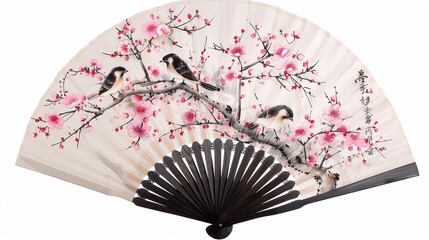 chinese fan on a white, A beautiful round Chinese fan featuring two birds perched on a cherry blossom branch, delicate pink and white flowers, traditional Chinese ink wash painting, muted background,