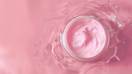 Wall Mural - Top view of moisturizing beauty cream jar in pastel pink water with copy space