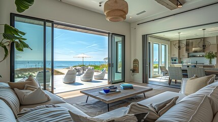 Wall Mural - A modern beach house living room with coastal decor, large sliding glass doors, and a patio with a view of the ocean.