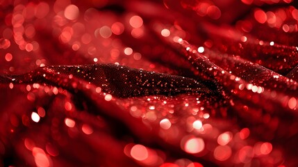 Decorative red glittering sequins on red cloth textile texture fashion background. 