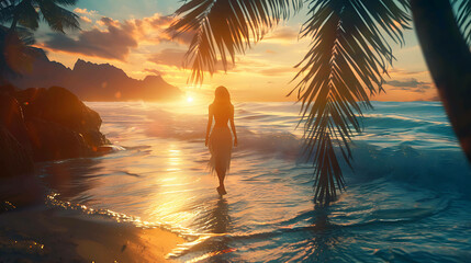 Wall Mural - The setting sun casts a golden glow over the ocean and a woman in a long dress walks along the shore.