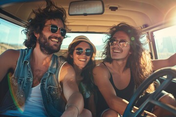 Group of three friends laughing and enjoying a road trip on a sunny day