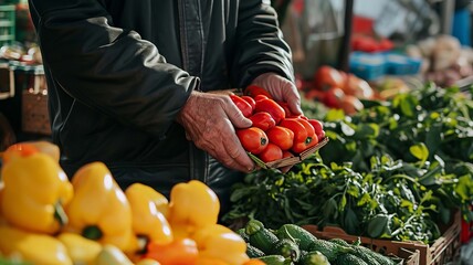 Canvas Print - Fresh vegetables in the hands of a man. selective focus. Generative AI,