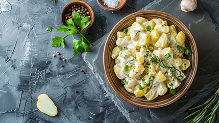 A bowl of potato salad with dill and green onion on a grey background