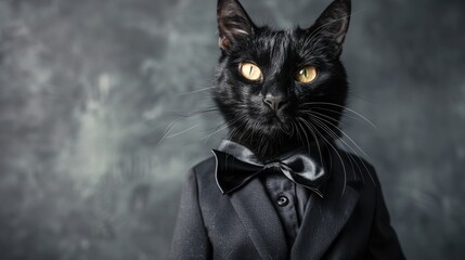 Poster - Black cat in a black suit looking at the camera on gray background