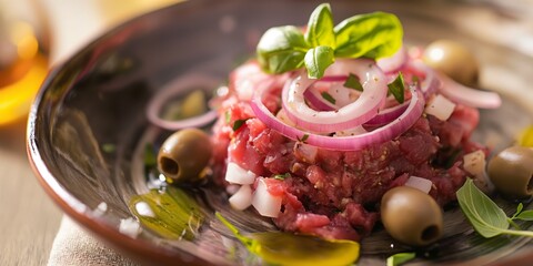 Wall Mural - A delicacy of raw meat tartar served with fresh vegetables and herbs, perfect for a healthy meal.