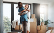 © peopleimages.com - New home, mom and hug child to celebrate house sale, property investment and laughing. Mother, girl and embrace kid for real estate, relocation and success of happy family moving to dream apartment