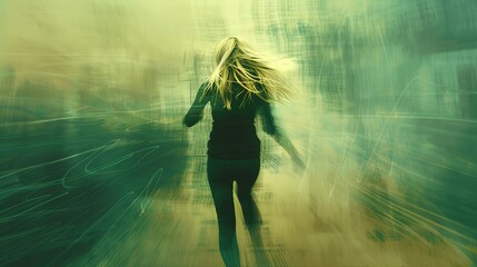 Poster - Blonde young woman running away in panic