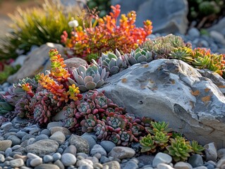 rock garden featuring hardy succulents like ice plants and stonecrop, nestled among rocks and gravel for a low-water and low-maintenance landscape.