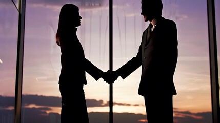 Sticker - Silhouetted professionals shaking hands in office at sunset, signifying successful partnership