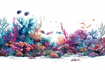 Wall Mural - A dreamlike underwater scene featuring a kaleidoscope of coral reefs and exotic fish, teeming with life and color. The illustration is a mesmerizing blend of realism and fantasy.