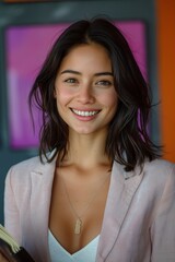 Wall Mural - A beautiful young woman in a pink blazer smiles confidently while looking directly at the camera.