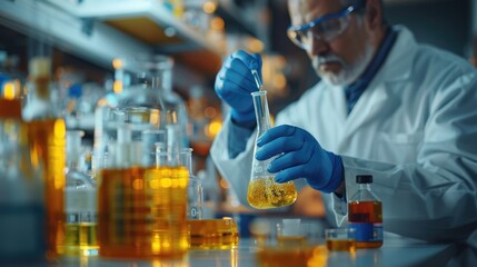 Wall Mural - Scientist Intensely Focused While Conducting Chemical Experiment