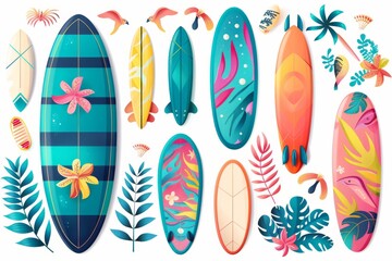 Wall Mural - A colorful collection of surfing board elements in a fun summer pattern design, isolated on a white background. Perfect for summer-themed designs and illustrations.