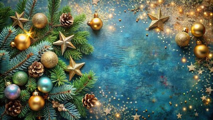 Sparkling golden stars adorn a distressed blue vintage background, overflowing with ornate Christmas decorations, lush greenery, and shimmering baubles