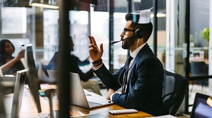 Canvas Print - Professional businessman engaged in a virtual meeting in a modern office environment.