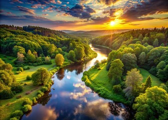 Wall Mural - Majestic river winds through lush forest, surrounded by vibrant greenery, as warm setting sun casts a serene and peaceful atmosphere on the tranquilly scenic landscape.