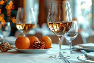 Wall Mural - Elegant dining table set with wine glasses, oranges, and festive decorations.