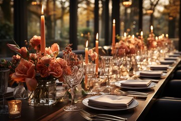 Wall Mural - Elegant dining table set with candles, flowers, and crystal glasses during evening.