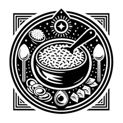 Curry rice in decorative emblem ornament, Victorian, art deco, art nouveau, boho, bohemian,  folk, flourish