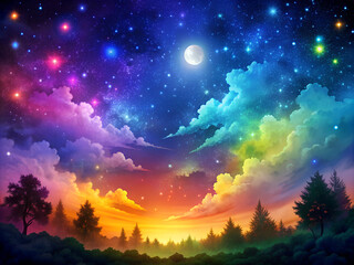 Canvas Print - Colorful sky, with stars and clouds.
