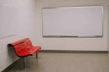  two red benches in a subway station with a white board on the wall above them,