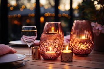 Elegant outdoor dining table setup with candles, wine glass, and festive lighting.