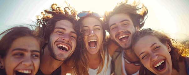 Wall Mural - Five youths enjoying laughter and happiness while spending time outdoors together