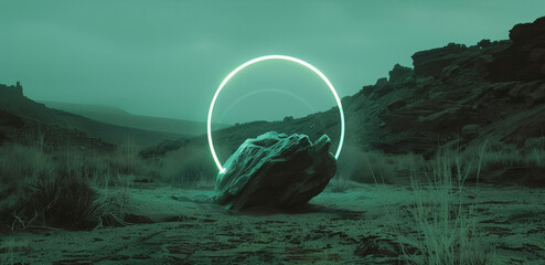 Poster - a rock in the middle of a desert with a light painting