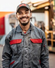 Wall Mural - A man wearing a grey and red jacket is smiling