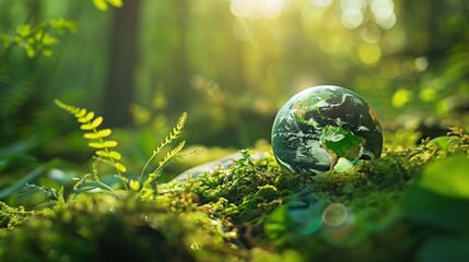 Poster - A green world globe in nature, symbolic ecological concept for environmental protection, nature conservation, Earth care, sustainable development