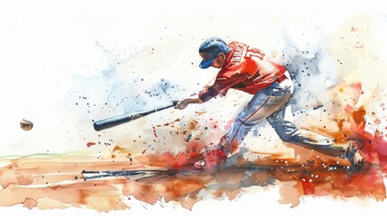 Dynamic watercolor painting of a baseball player hitting a ball, capturing the energy and motion of the sport in vivid colors.