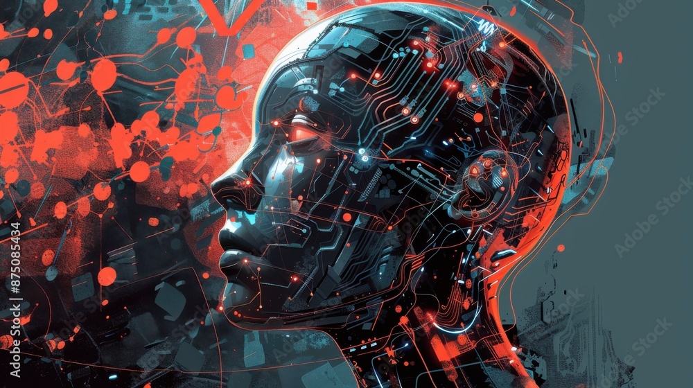 Futuristic digital artwork of a human-robot hybrid with integrated ...