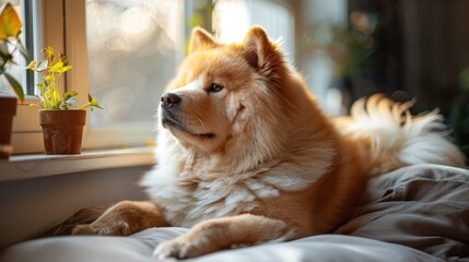 Wall Mural - A dog is laying on a bed next to a potted plant