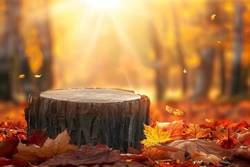 Wall Mural - Beautiful autumn landscape with stump in the forest. Colorful foliage in the park. Falling leaves natural background. Mockup podium for product