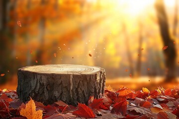 Wall Mural - Beautiful autumn landscape with stump in the forest. Colorful foliage in the park. Falling leaves natural background. Mockup podium for product