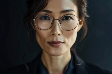 Wall Mural - Close-up portrait of middle aged woman of Asian descent, studio photo, against a sleek gray studio backdrop