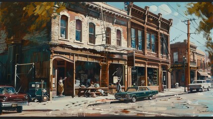 building at end of block, in the style of detailed attention to costume and fashion, california plein air, taxidermy, historical genre scenes, gestural calligraphic, luminous glazes