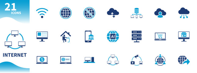 Internet icon. Set of icons for e-commerce, connection, marketing digital, cloud computing, working from home,...