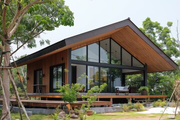 Wall Mural - A large house with a wooden roof and a balcony