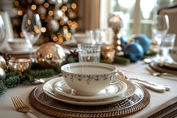 Wall Mural - Elegant holiday table setting with intricate dishes, glassware, and festive decorations.