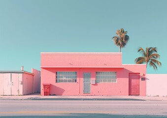 Poster - A pink building with a red door and a red mailbox