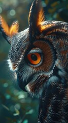 Wall Mural - A close up of an owl's face with its eyes open and its ears perked up