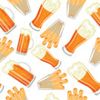 © Ольга Бабич - seamless pattern of french fries in a transparent bag and beer in various glasses, for various designs or banners