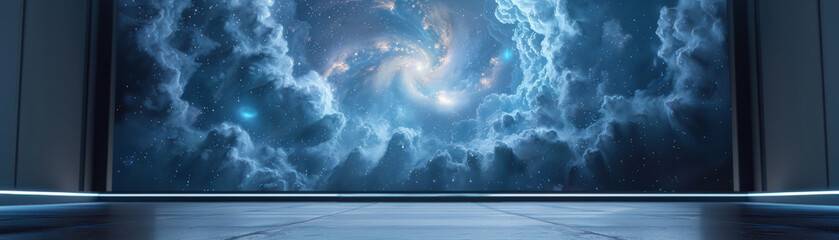 Wall Mural - A large, dark blue sky with a spiral galaxy in the center