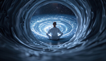 Wall Mural - A man is sitting in a spiral shaped tunnel