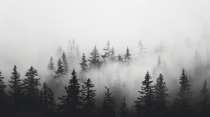 Canvas Print - Abstract minimalistic nature background with a foggy forest silhouette against a grey sky.